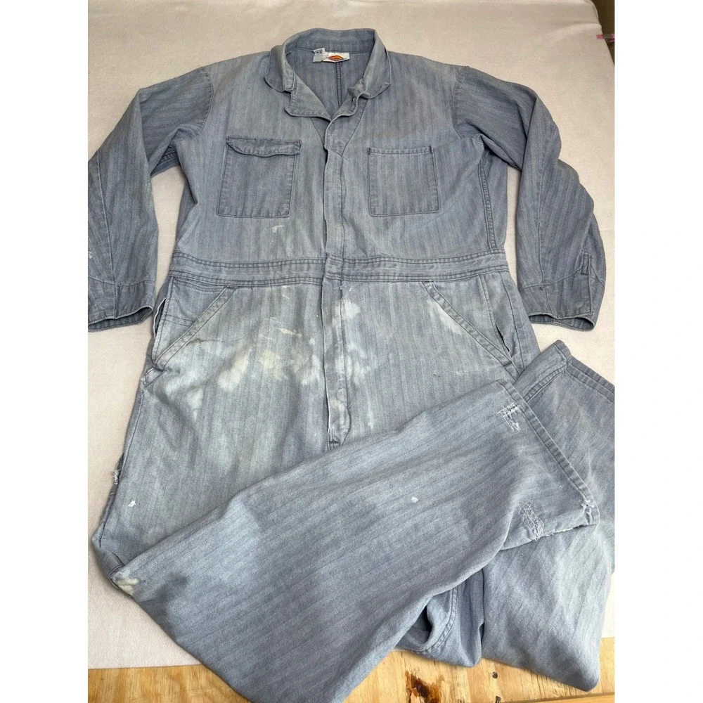 Vintage Dickies Coveralls Faded Blue Herringbone Twill Workwear Jumpsuit Cotton